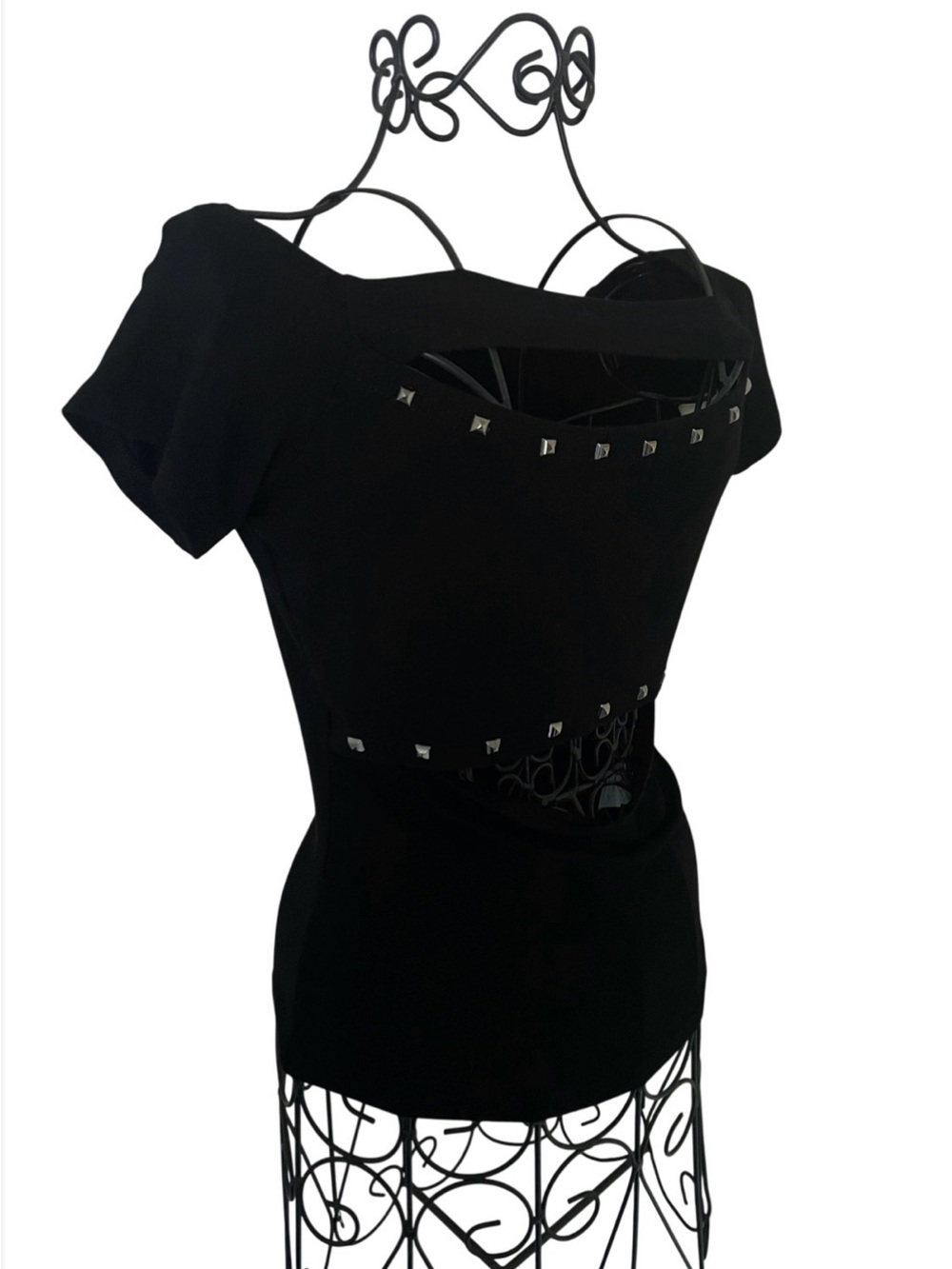 Handcrafted Black Stud-Trim Cut Out 2000s Women's Top - Picture 12 of 14